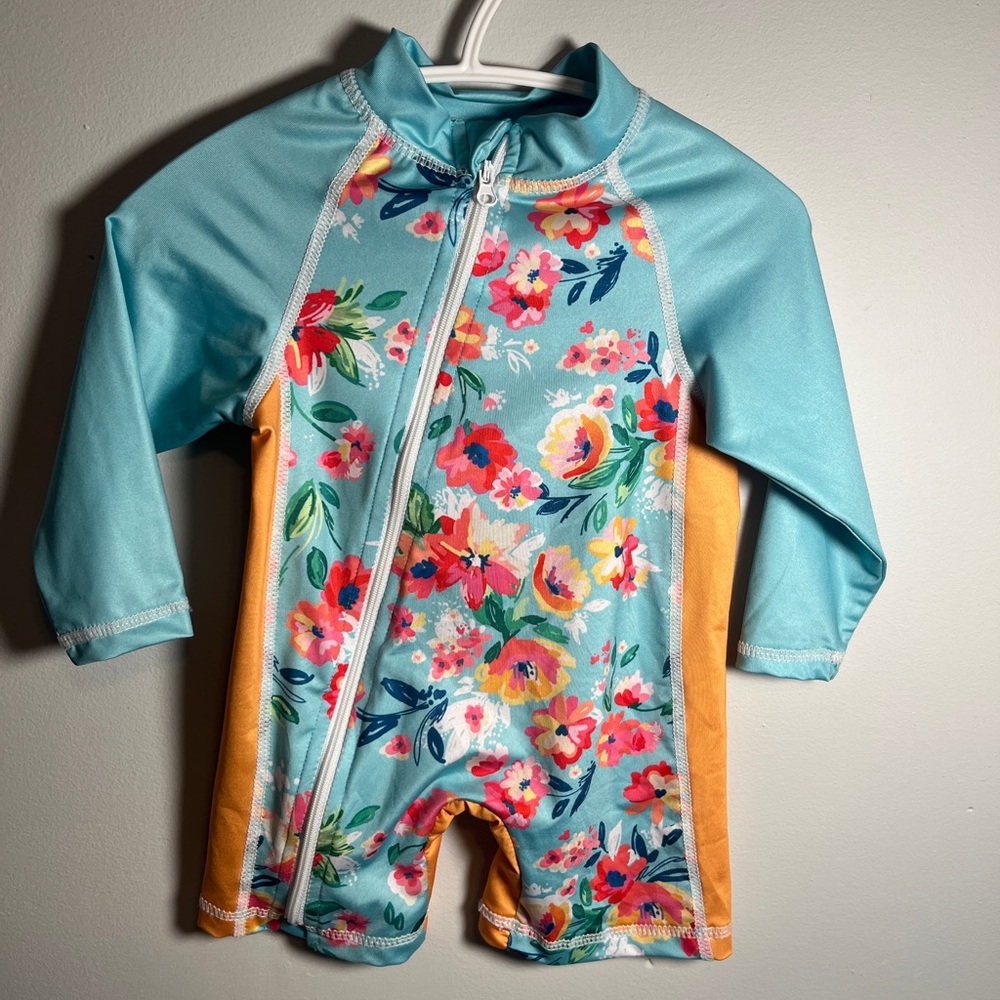 Floral Kids Swim Suit - Blue and Orange